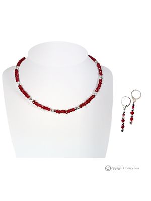 ELEGANCE  – Set collana e orecchini in granato rosso ed ematite argento, fatto a mano.